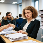 **

Prompt: A busy German immigration office waiting room.  Frustrated people are holding stacks of documents, looking overwhelmed.  The overall tone is bureaucratic chaos. Focus on the paperwork and the expressions of anxiety. In the style of a realistic documentary photograph. Add subtle German signage in the background.

**