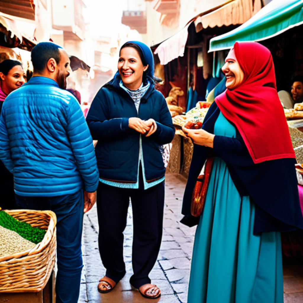A female traveler, fully clothed in modest, comfortable travel attire, smiles warmly while engaging in a lively conversation with a local woman at a bustling traditional Moroccan market. The market is vibrant with colorful textiles, fresh spices, and handcrafted goods. Local vendors in traditional, appropriate clothing are seen in the background, laughing and interacting. The scene is filled with authentic sounds and aromas, capturing a moment of genuine cultural exchange. The overall atmosphere is joyful and welcoming. Professional photography, natural pose, perfect anatomy, correct proportions, well-formed hands, proper finger count, natural body proportions, safe for work, appropriate content, fully clothed, modest, family-friendly.