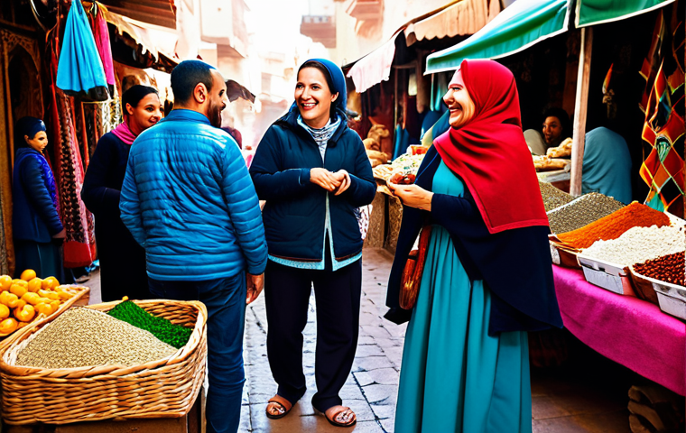A female traveler, fully clothed in modest, comfortable travel attire, smiles warmly while engaging in a lively conversation with a local woman at a bustling traditional Moroccan market. The market is vibrant with colorful textiles, fresh spices, and handcrafted goods. Local vendors in traditional, appropriate clothing are seen in the background, laughing and interacting. The scene is filled with authentic sounds and aromas, capturing a moment of genuine cultural exchange. The overall atmosphere is joyful and welcoming. Professional photography, natural pose, perfect anatomy, correct proportions, well-formed hands, proper finger count, natural body proportions, safe for work, appropriate content, fully clothed, modest, family-friendly.