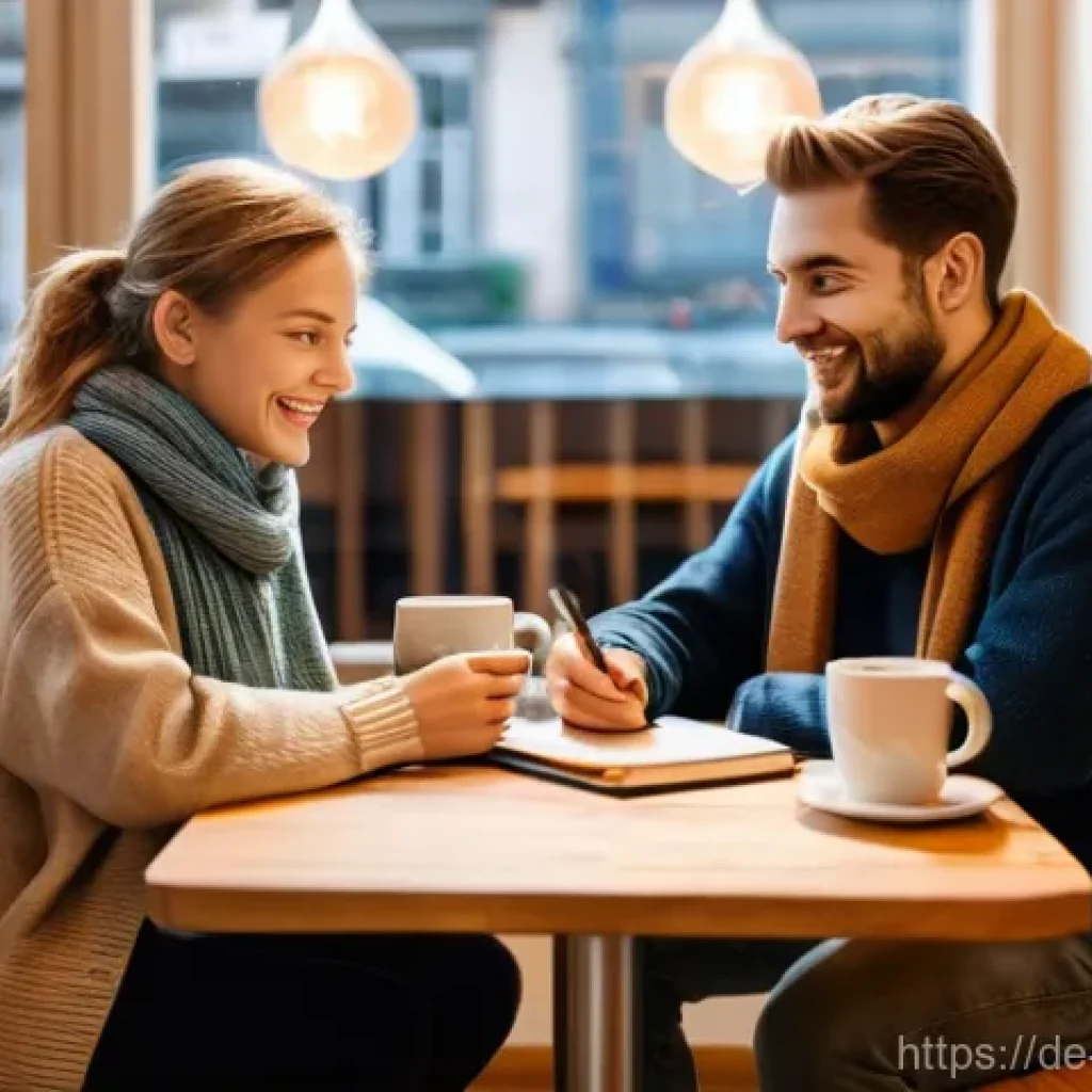 해외 이주 후 지역 주민과의 관계 구축 - **Prompt:** A cozy, sunlit German cafe. Two individuals, a German local in a casual sweater and an e...