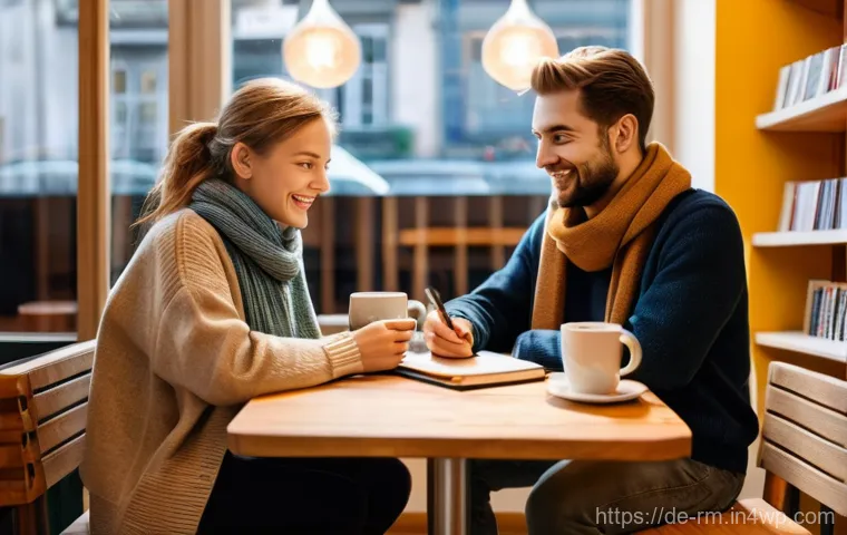 해외 이주 후 지역 주민과의 관계 구축 - **Prompt:** A cozy, sunlit German cafe. Two individuals, a German local in a casual sweater and an e...