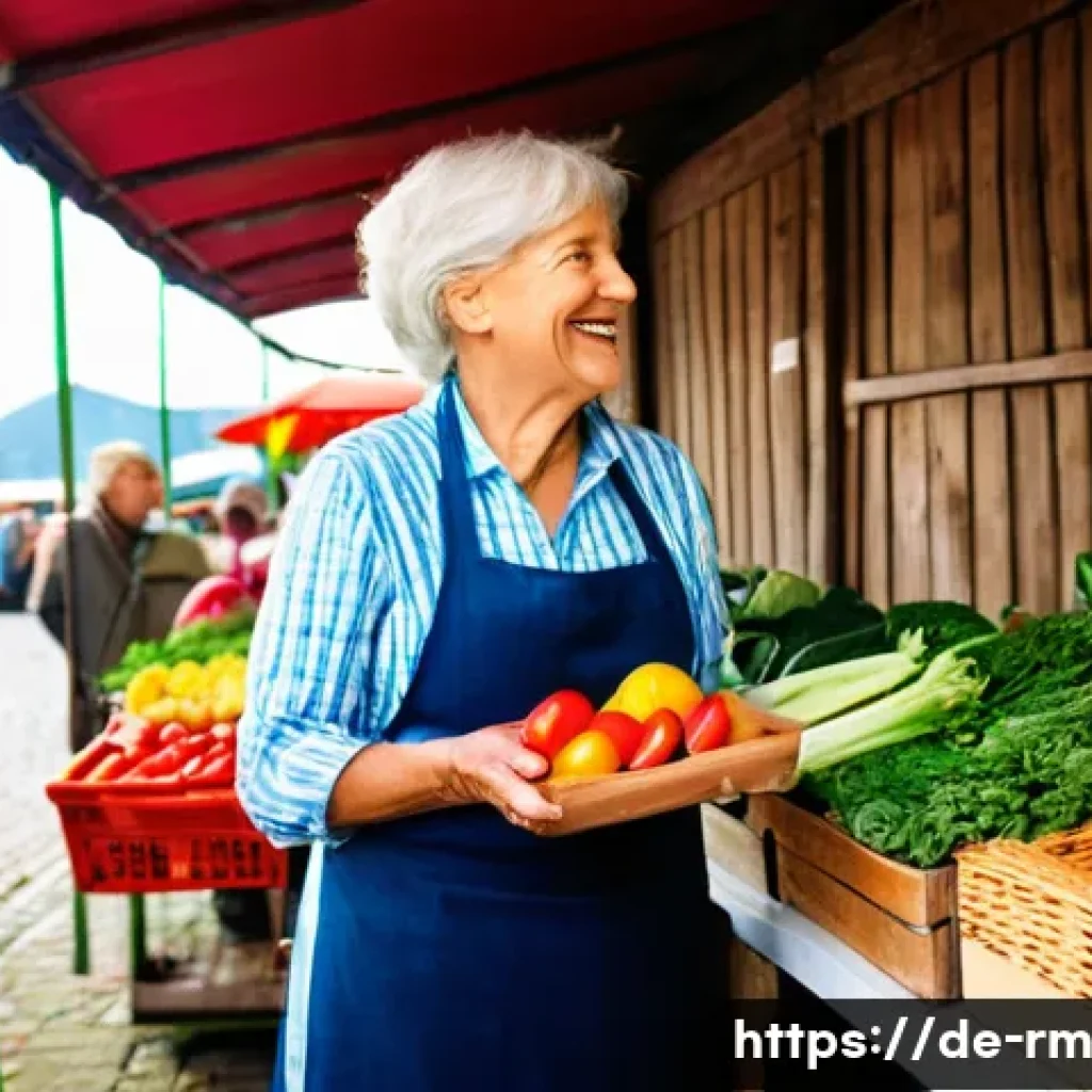 해외에서의 지역 밀착형 산업 이해하기 - **Prompt:** A vibrant scene inside a traditional German weekly market ("Wochenmarkt"). A professiona...