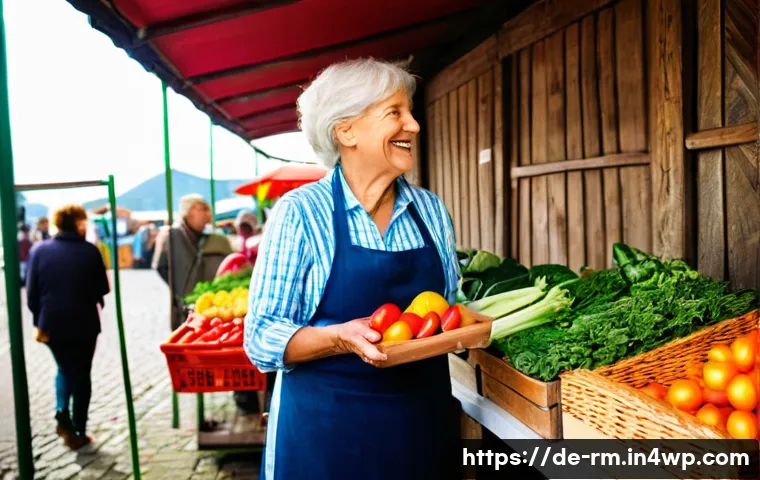 해외에서의 지역 밀착형 산업 이해하기 - **Prompt:** A vibrant scene inside a traditional German weekly market ("Wochenmarkt"). A professiona...
