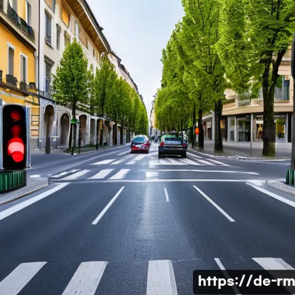 해외에서의 자동차 운전 방법 - A detailed street scene in a European city showcasing diverse traffic signs and signals: German “rec...