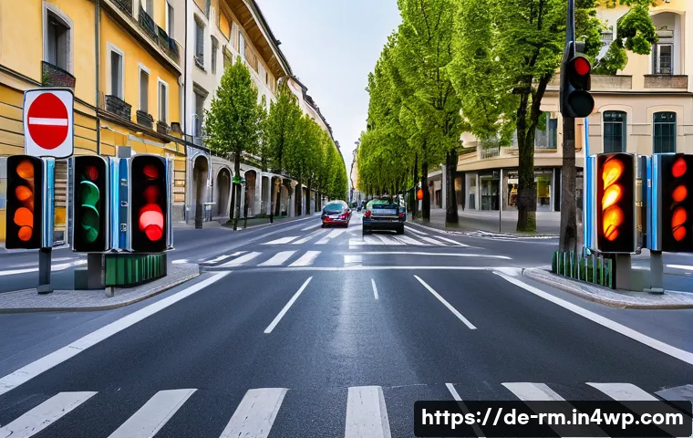 해외에서의 자동차 운전 방법 - A detailed street scene in a European city showcasing diverse traffic signs and signals: German &ldquo;rec...