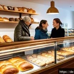Home 20 해외 이주 후 언어 학습 방법 - A cozy German bakery interior scene showing a diverse group of people engaging in casual conversatio...