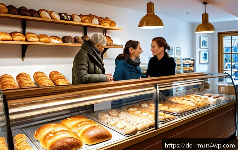 해외 이주 후 언어 학습 방법 - A cozy German bakery interior scene showing a diverse group of people engaging in casual conversatio...