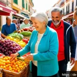 Home 23 해외 생활 시 긍정적인 마인드 유지하기 - A warm, lively European local market scene in Spain during daytime, showing a diverse group of adult...