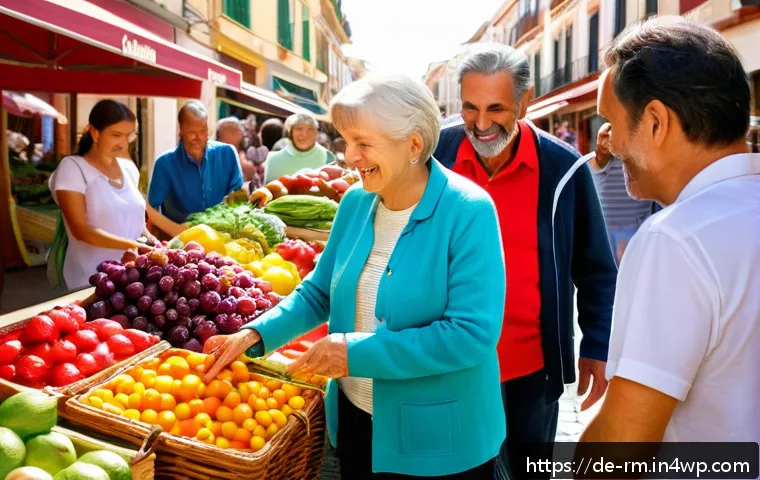 해외 생활 시 긍정적인 마인드 유지하기 - A warm, lively European local market scene in Spain during daytime, showing a diverse group of adult...