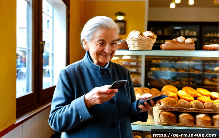Home 17 해외 생활 중 언어 장벽 넘는 팁 - Photorealistic scene of a German-speaking traveler in a bright European bakery, politely using a sma...