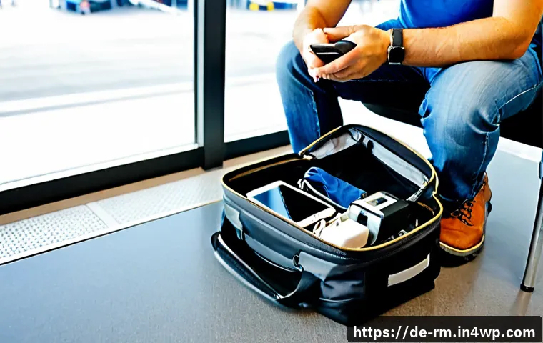 해외에서의 전자기기 사용 규칙 - Photorealistic airport departure lounge scene in Germany, a middle-aged German traveler carefully pl...